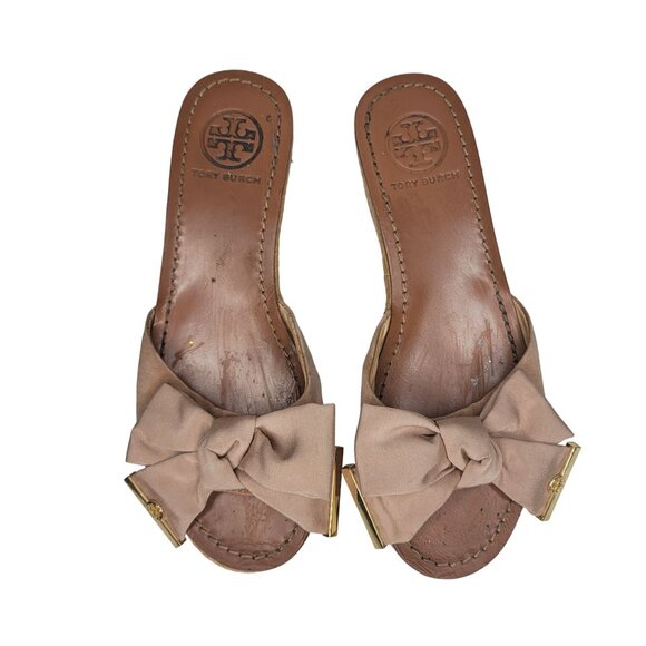 Tory Burch penny Leather Sole cork Wedge Sandals Bow Detail Size 6.5 Light Brown - Picture 11 of 12
